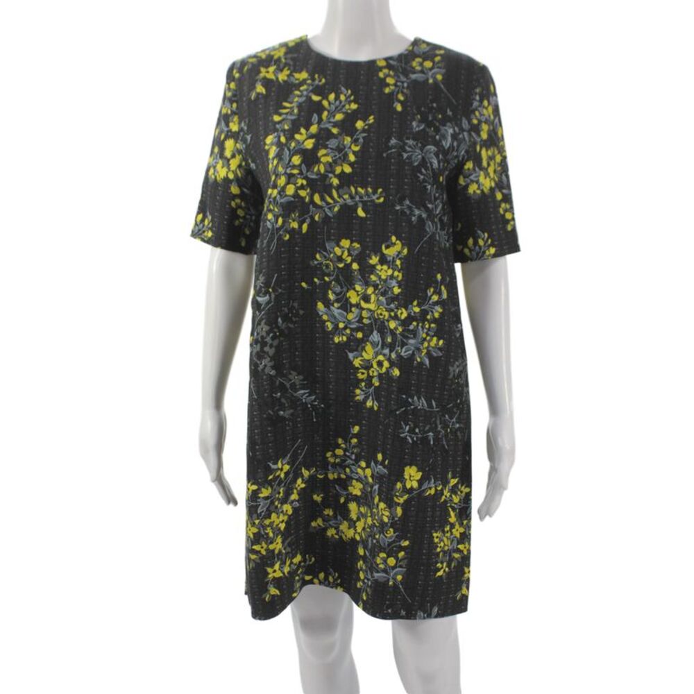 Marni Women Shift Dress Black Floral Wool Silk Zip Crew Short Sleeve Size 40